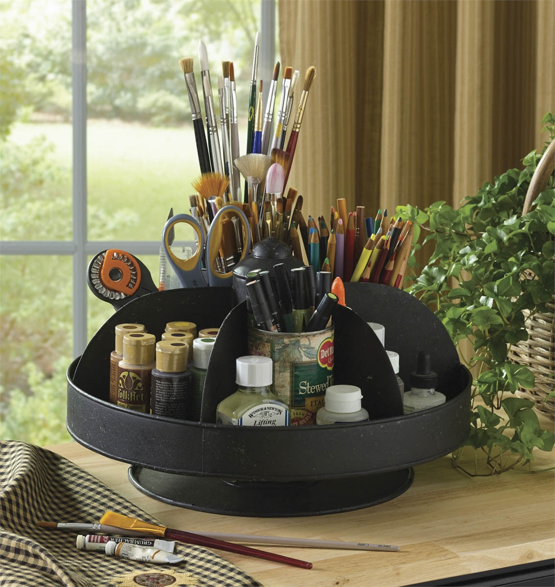 Primitive Farmhouse Six Pocket Lazy Susan Organizer Storage