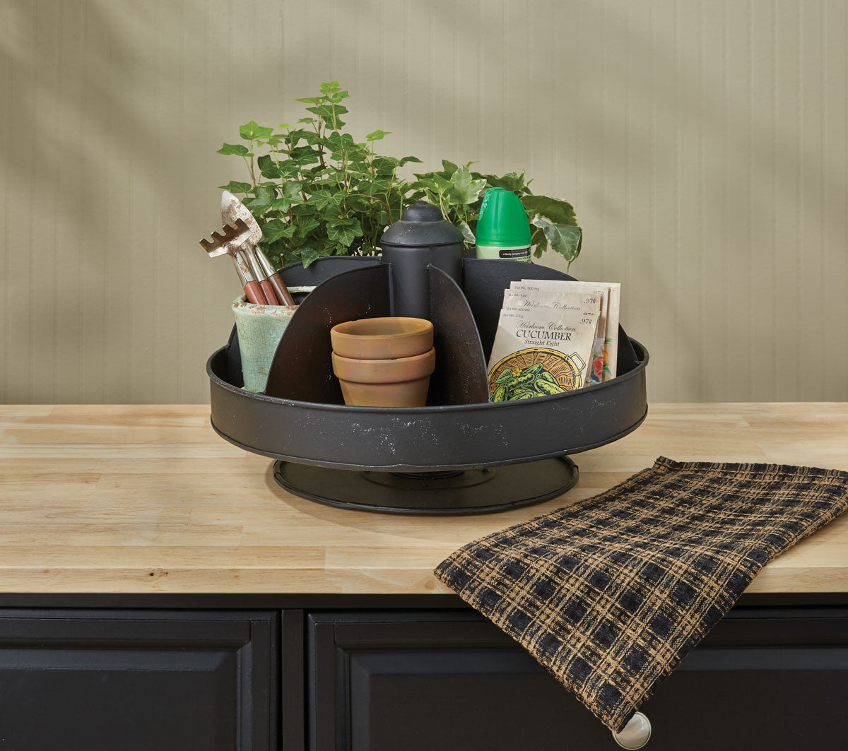 Primitive Farmhouse Six Pocket Lazy Susan Organizer Storage