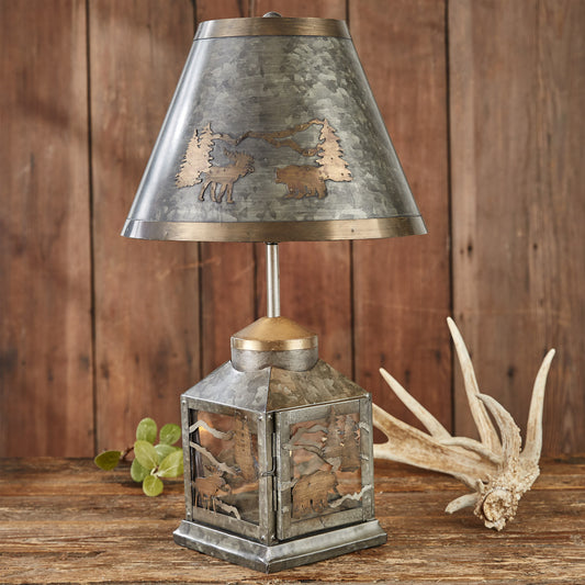 Forester's Lantern Lamp with Shade 20" Tall x 6.5" Square Moose & Bear Gold Silver
