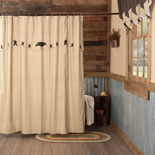 VHC Brands Kettle Grove Shower Curtain with Attached Applique Crow and Star Valance