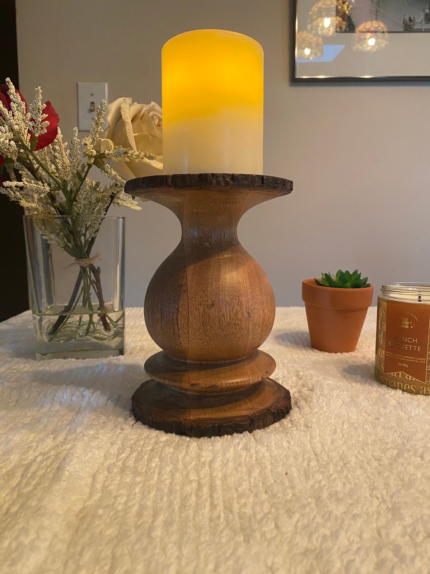 Candle Stand Solid Wood Bark Edge Oak Finish with Metal Inlay