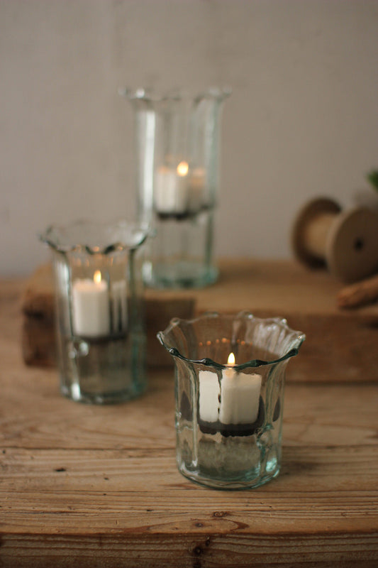 Set of 3 Recycled Glass Ribbed Votive Cylinders