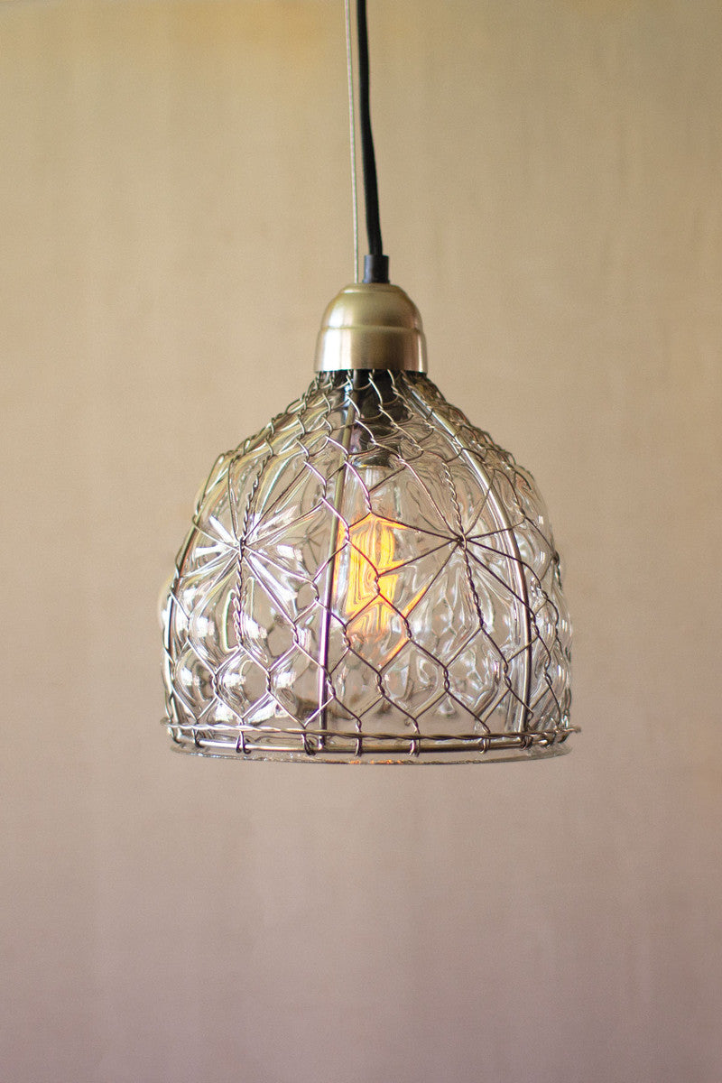 Beautiful Caged Glass Pendant Lamp with Brushed Nickel Cap with Canopy