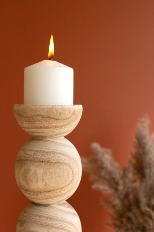 Hand Carved Wooden Stacked Ball Candle Holders