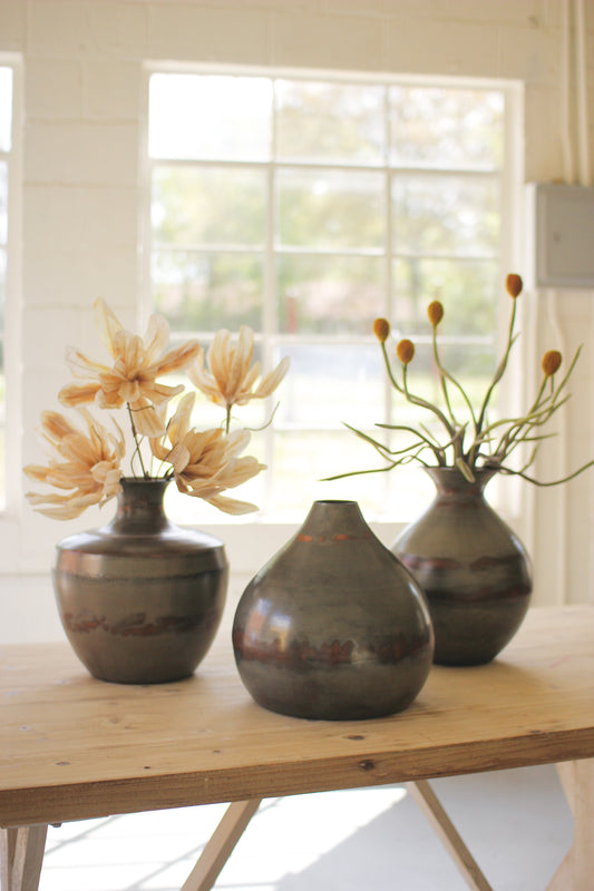 Beautiful Set of Three Raw Metal Vases with Copper Detail