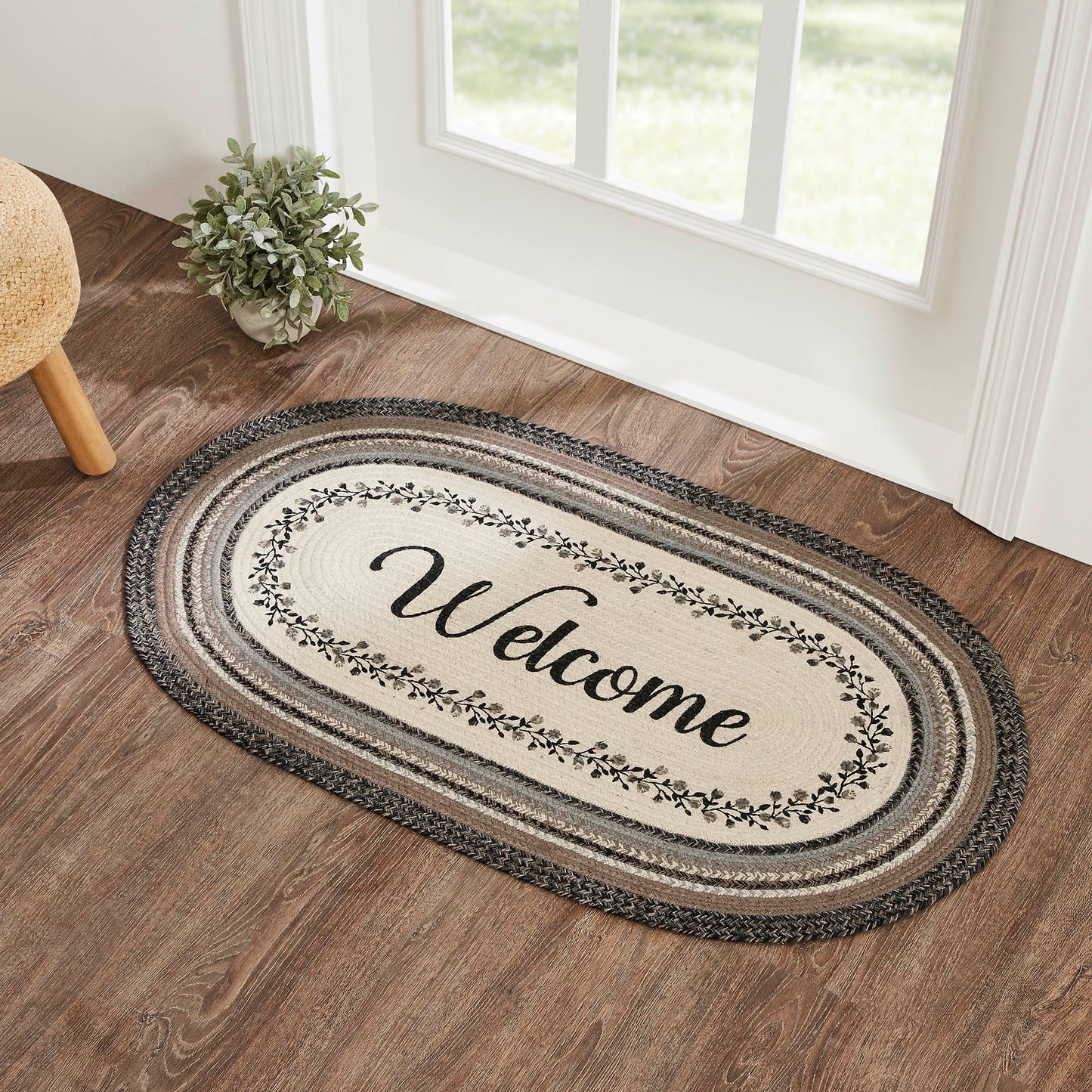 Floral Vine Jute Rug Oval Welcome w/ Pad 27x48